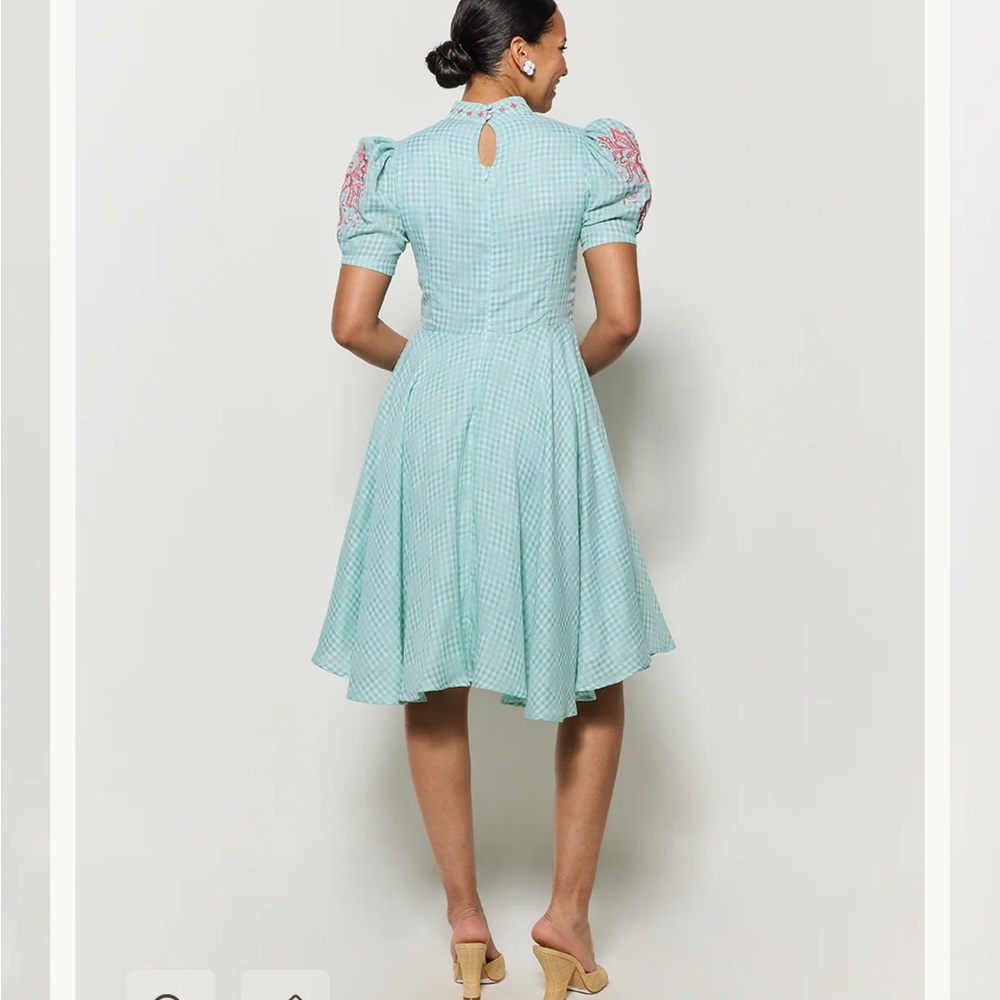 Fanm Mon Lipno Dress Midi Mini Floral Embroidered Green Checker Plaid Small NWT - Picture 4 of 16